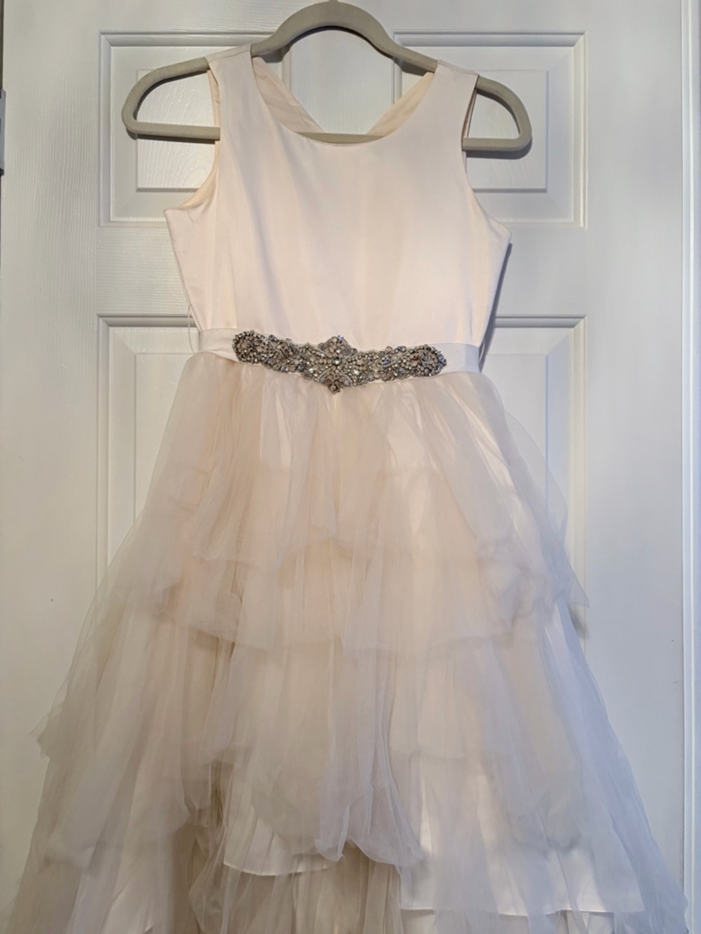 Ivory Tulle Tiered Flower Girl Dress with Jeweled Waist